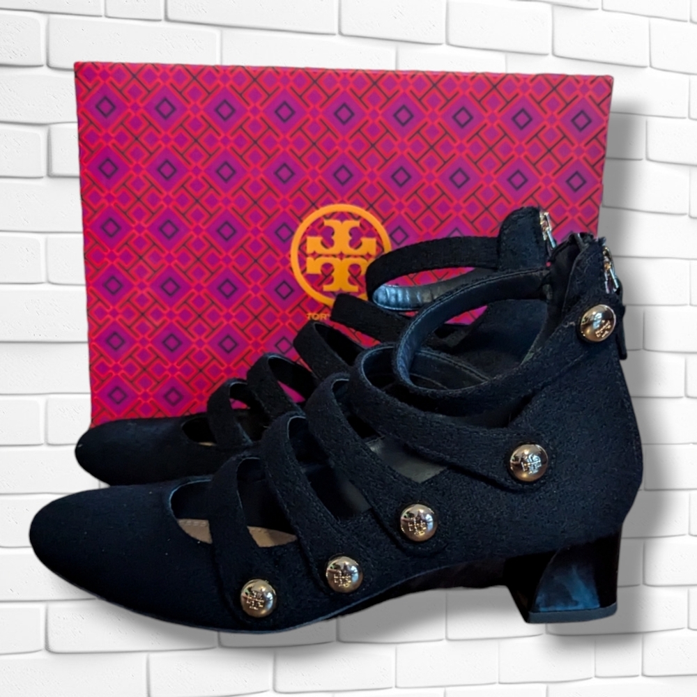 Tory Burch Marisa 40 mm Strappy Pumps Military Gold Buttons Royal Navy Size 8